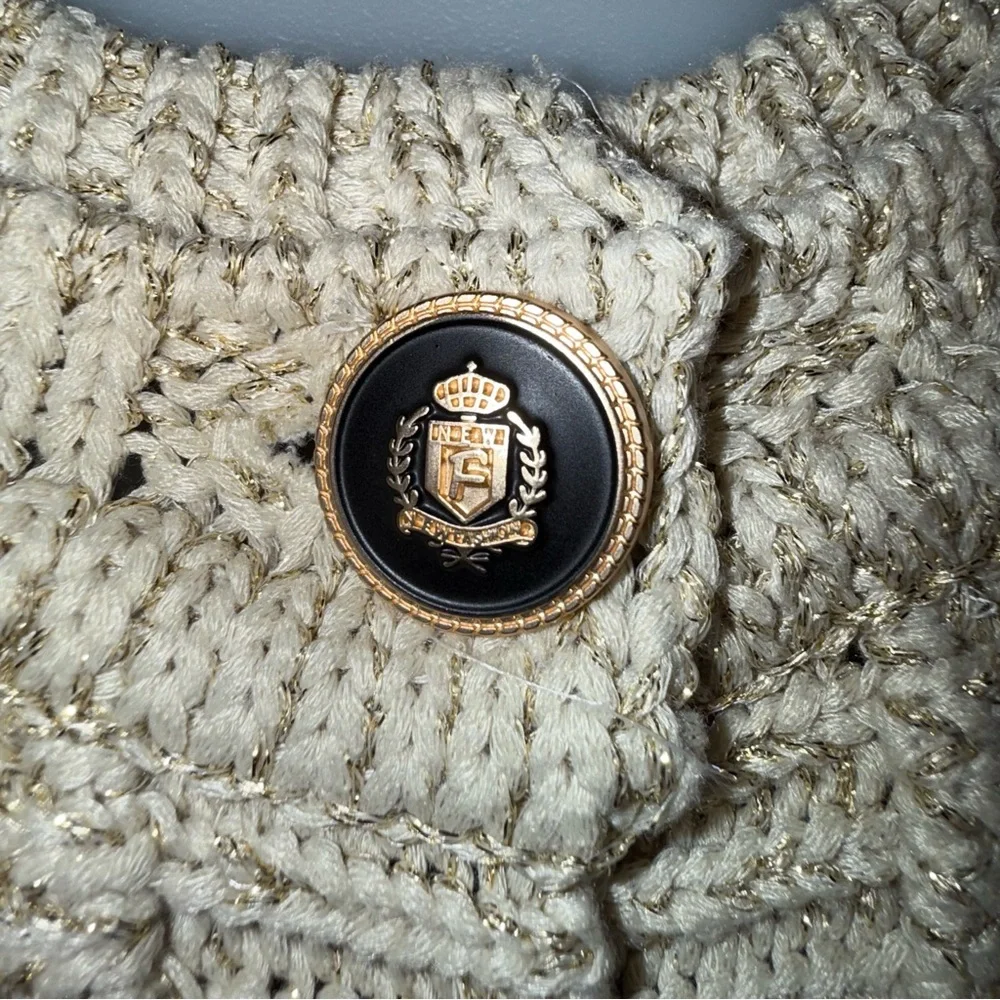 Rachel Zoe Cardigan Women’s Medium Metallic Open Knit‎ Gold Button Sweater